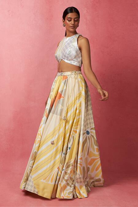 Vedika M Multi Color Satin, Silk Sequins, Embroidery Abstract Floral Print Lehenga Set at Aza Fashions Vedika M_Multi Color Satin, Silk Sequins, Embroidery Abstract Floral Print Lehenga Set _at_Aza_Fashions