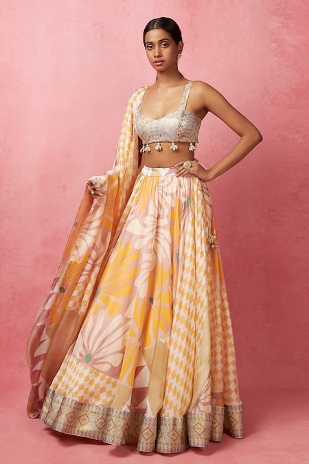 Vedika M Multi Color Silk, Satin, Organza Sequins, Abstract Floral Print Lehenga Set Online at Aza Fashions Vedika M_Multi Color Silk, Satin, Organza Sequins, Abstract Floral Print Lehenga Set _Online_at_Aza_Fashions