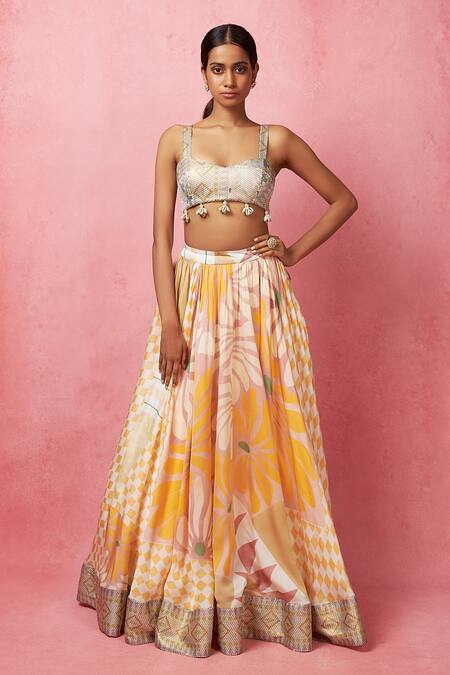 Shop Vedika M Multi Color Silk, Satin, Organza Sequins, Abstract Floral Print Lehenga Set Online at Aza Fashions Shop_Vedika M_Multi Color Silk, Satin, Organza Sequins, Abstract Floral Print Lehenga Set _Online_at_Aza_Fashions