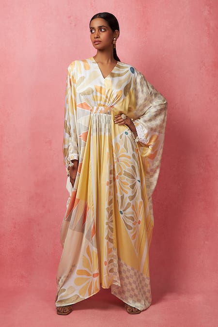 Vedika M Multi Color Satin Embroidery V-neck Geometric Print Kaftan 