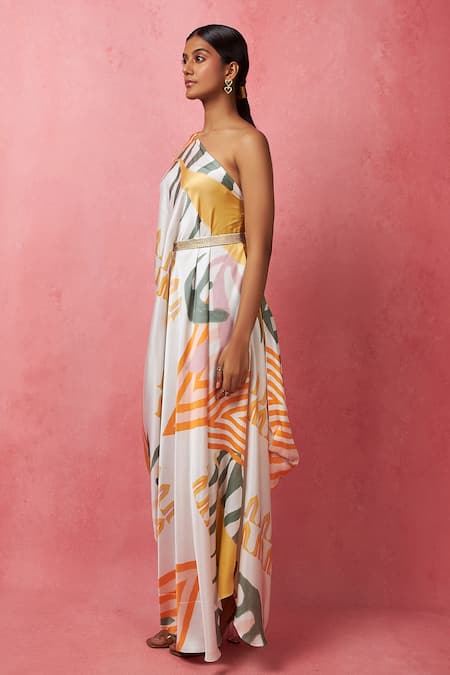 Vedika M Multi Color Satin Sequins One Shoulder Abstract Geometric Print Dress Online at Aza Fashions Vedika M_Multi Color Satin Sequins One Shoulder Abstract Geometric Print Dress _Online_at_Aza_Fashions