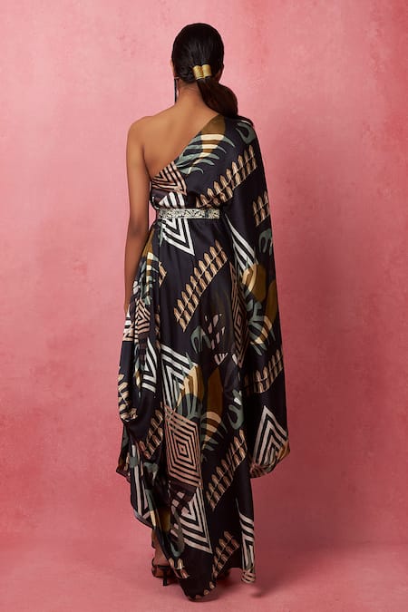 Shop Vedika M Multi Color Satin Sequins One Shoulder Abstract Print Dress at Aza Fashions Shop_Vedika M_Multi Color Satin Sequins One Shoulder Abstract Print Dress _at_Aza_Fashions