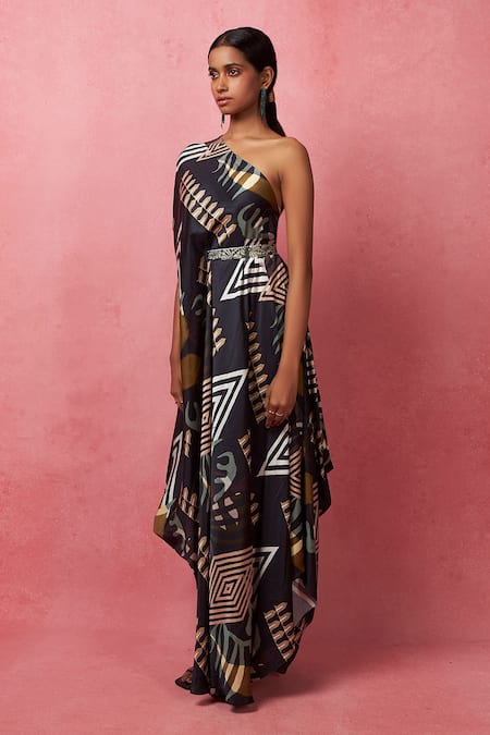 Vedika M Multi Color Satin Sequins One Shoulder Abstract Print Dress Online at Aza Fashions Vedika M_Multi Color Satin Sequins One Shoulder Abstract Print Dress _Online_at_Aza_Fashions