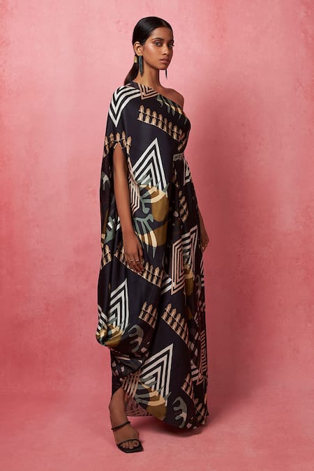 Buy Vedika M Multi Color Satin Sequins One Shoulder Abstract Print Dress Online at Aza Fashions Buy_Vedika M_Multi Color Satin Sequins One Shoulder Abstract Print Dress _Online_at_Aza_Fashions