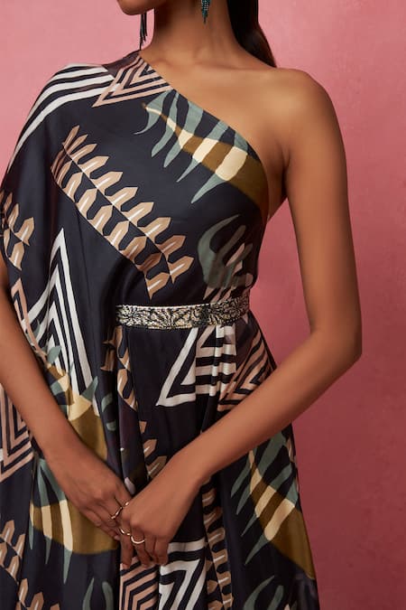 Vedika M Multi Color Satin Sequins One Shoulder Abstract Print Dress at Aza Fashions Vedika M_Multi Color Satin Sequins One Shoulder Abstract Print Dress _at_Aza_Fashions