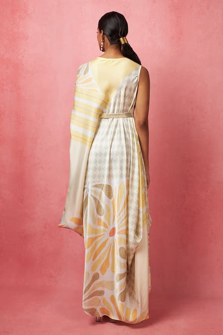 Shop_Vedika M_Multi Color Satin, Silk Bows Round Neck Abstract Print Asymmetric Dress _at_Aza_Fashions