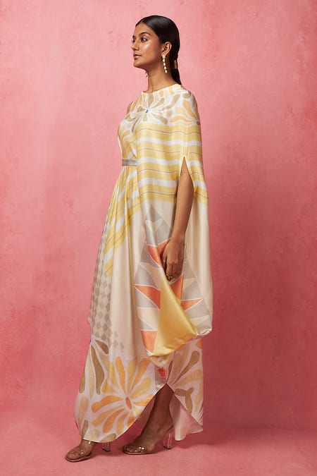 Vedika M_Multi Color Satin, Silk Bows Round Neck Abstract Print Asymmetric Dress _Online_at_Aza_Fashions