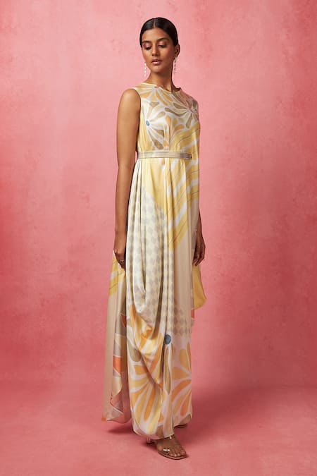 Buy_Vedika M_Multi Color Satin, Silk Bows Round Neck Abstract Print Asymmetric Dress _Online_at_Aza_Fashions
