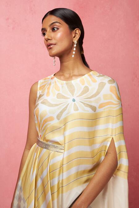 Shop_Vedika M_Multi Color Satin, Silk Bows Round Neck Abstract Print Asymmetric Dress _Online_at_Aza_Fashions