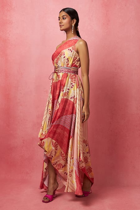 Vedika M_Multi Color Satin Sequins, Embroidery One Shoulder Floral Geometric Print Dress _Online_at_Aza_Fashions
