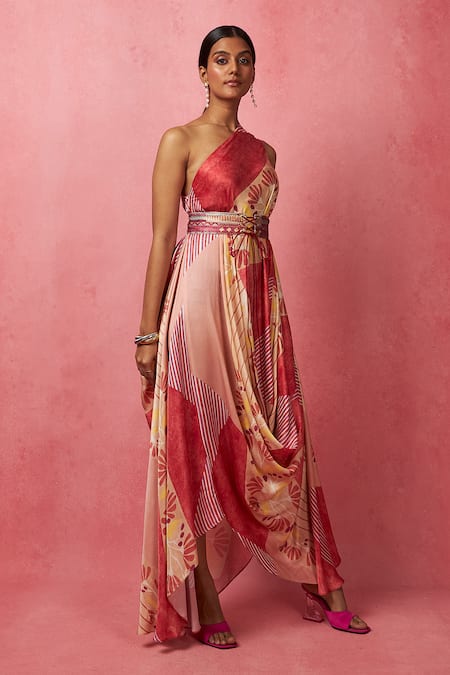 Buy_Vedika M_Multi Color Satin Sequins, Embroidery One Shoulder Floral Geometric Print Dress _Online_at_Aza_Fashions