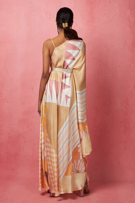 Shop Vedika M Multi Color Satin Sequins One Shoulder Asymmetric Printed Dress at Aza Fashions Shop_Vedika M_Multi Color Satin Sequins One Shoulder Asymmetric Printed Dress _at_Aza_Fashions