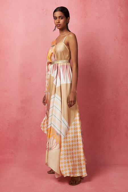 Shop Vedika M Multi Color Satin Sequins One Shoulder Asymmetric Printed Dress Online at Aza Fashions Shop_Vedika M_Multi Color Satin Sequins One Shoulder Asymmetric Printed Dress _Online_at_Aza_Fashions