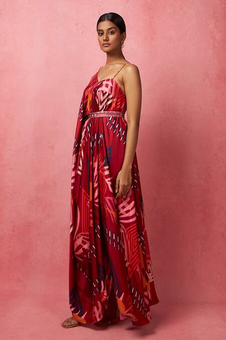 Vedika M_Multi Color Satin Beads One Shoulder Asymmetric Printed Dress _Online_at_Aza_Fashions