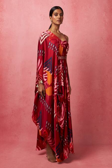 Shop_Vedika M_Multi Color Satin Beads One Shoulder Asymmetric Printed Dress _Online_at_Aza_Fashions