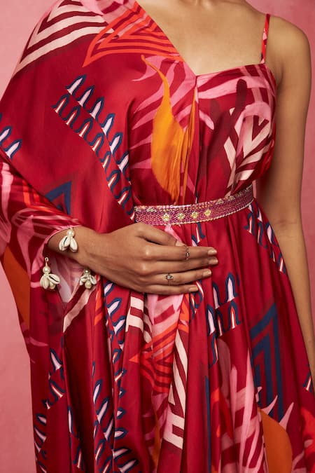 Vedika M_Multi Color Satin Beads One Shoulder Asymmetric Printed Dress _at_Aza_Fashions