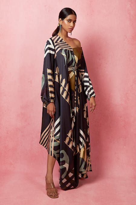 Buy_Vedika M_Multi Color Satin Embroidery One Shoulder Geometric Abstract Print Dress _Online_at_Aza_Fashions