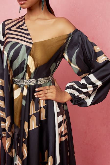 Buy_Vedika M_Multi Color Satin Embroidery One Shoulder Geometric Abstract Print Dress 