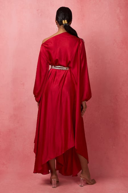 Shop_Vedika M_Red Satin Embroidery One Shoulder Solid Dress _at_Aza_Fashions