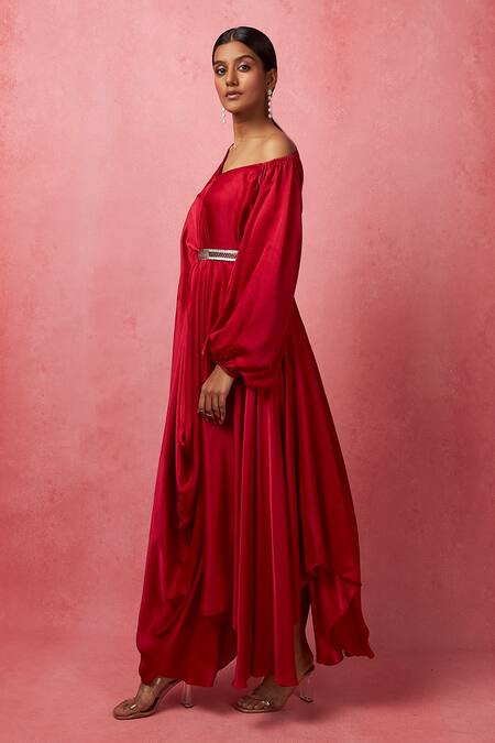 Vedika M_Red Satin Embroidery One Shoulder Solid Dress _Online_at_Aza_Fashions