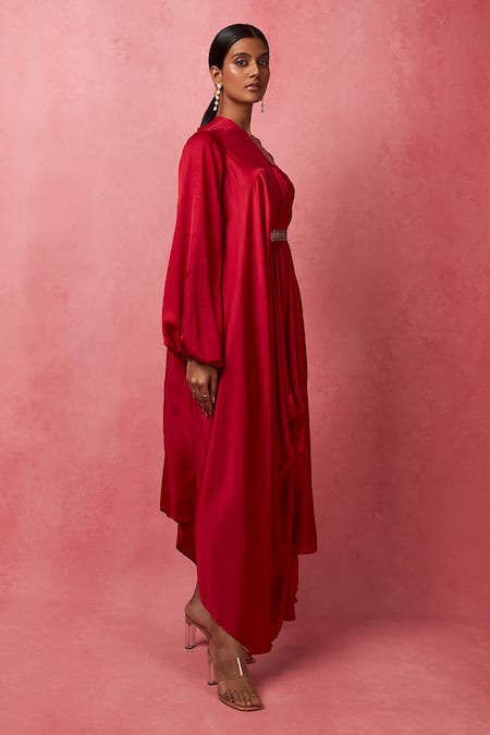 Buy_Vedika M_Red Satin Embroidery One Shoulder Solid Dress _Online_at_Aza_Fashions