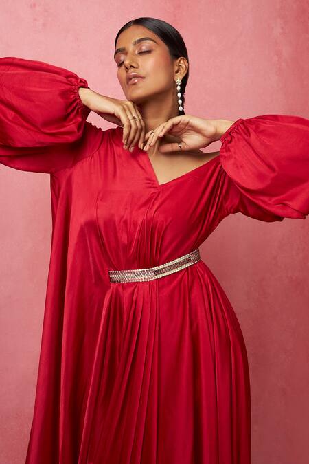 Shop_Vedika M_Red Satin Embroidery One Shoulder Solid Dress _Online_at_Aza_Fashions