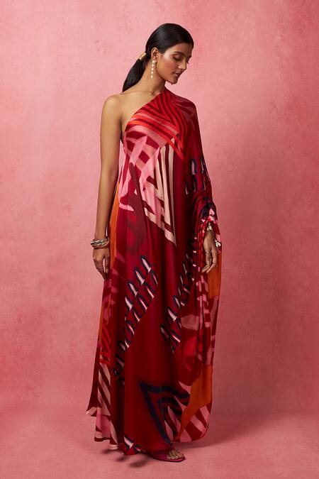 Vedika M_Multi Color Satin One Shoulder Abstract Print Flared Dress _Online_at_Aza_Fashions
