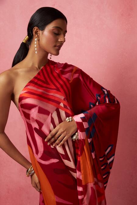 Buy_Vedika M_Multi Color Satin One Shoulder Abstract Print Flared Dress _Online_at_Aza_Fashions
