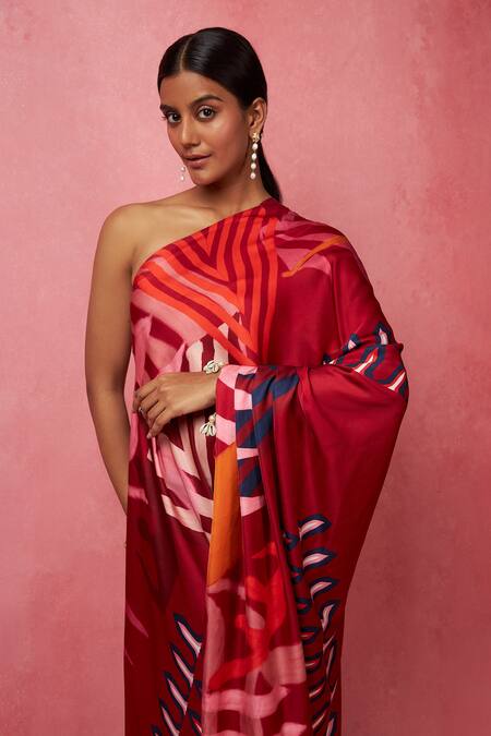 Shop_Vedika M_Multi Color Satin One Shoulder Abstract Print Flared Dress _Online_at_Aza_Fashions