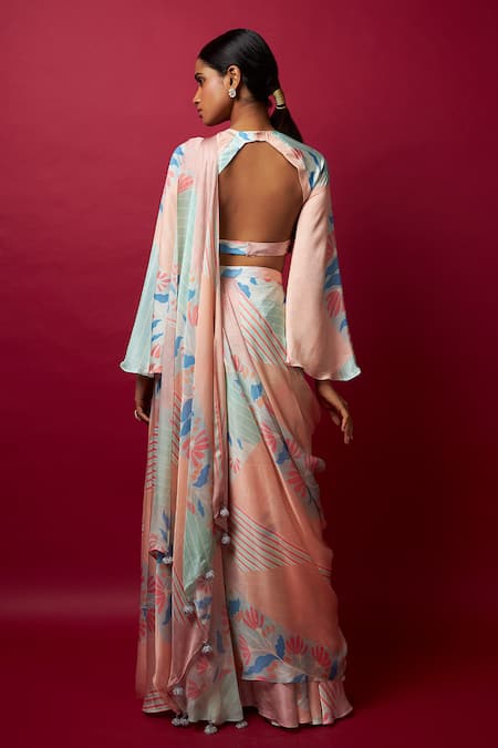 Shop Vedika M Multi Color Satin Sequins, Tassels Floral Print Pre-stitched Saree With Blouse at Aza Fashions Shop_Vedika M_Multi Color Satin Sequins, Tassels Floral Print Pre-stitched Saree With Blouse _at_Aza_Fashions