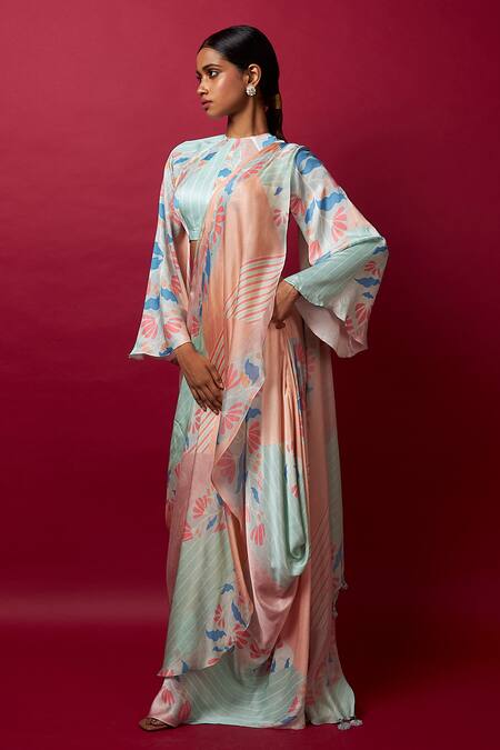 Vedika M Multi Color Satin Sequins, Tassels Floral Print Pre-stitched Saree With Blouse Online at Aza Fashions Vedika M_Multi Color Satin Sequins, Tassels Floral Print Pre-stitched Saree With Blouse _Online_at_Aza_Fashions