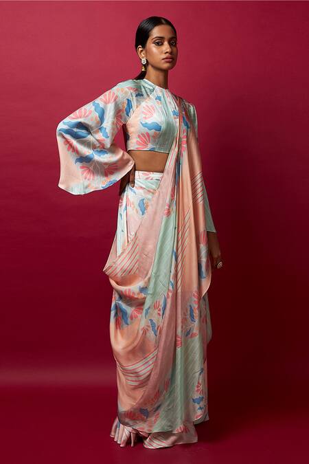 Buy Vedika M Multi Color Satin Sequins, Tassels Floral Print Pre-stitched Saree With Blouse Online at Aza Fashions Buy_Vedika M_Multi Color Satin Sequins, Tassels Floral Print Pre-stitched Saree With Blouse _Online_at_Aza_Fashions