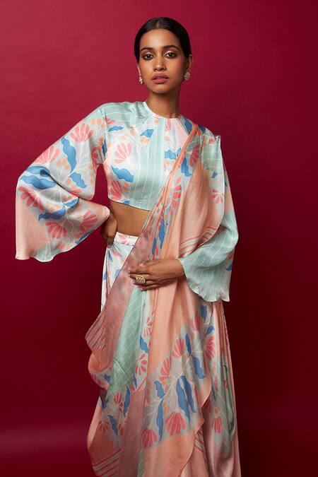 Shop Vedika M Multi Color Satin Sequins, Tassels Floral Print Pre-stitched Saree With Blouse Online at Aza Fashions Shop_Vedika M_Multi Color Satin Sequins, Tassels Floral Print Pre-stitched Saree With Blouse _Online_at_Aza_Fashions