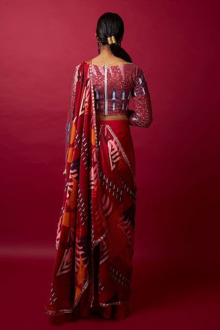 Shop_Vedika M_Multi Color Satin, Silk Geometric Print Pallu Pre-stitched Saree With Blouse _at_Aza_Fashions