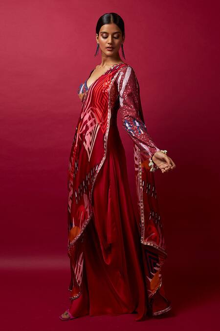 Vedika M_Multi Color Satin, Silk Geometric Print Pallu Pre-stitched Saree With Blouse _Online_at_Aza_Fashions