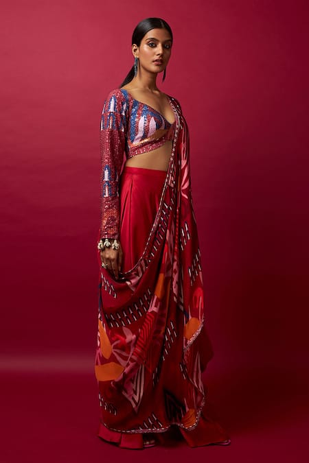 Buy_Vedika M_Multi Color Satin, Silk Geometric Print Pallu Pre-stitched Saree With Blouse _Online_at_Aza_Fashions
