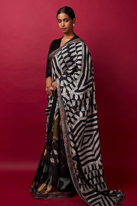 Vedika M Multi Color Silk, Satin Sequins V-neck Chevron Print Saree With Blouse Online at Aza Fashions Vedika M_Multi Color Silk, Satin Sequins V-neck Chevron Print Saree With Blouse _Online_at_Aza_Fashions