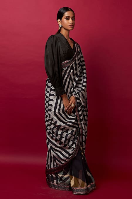 Buy Vedika M Multi Color Silk, Satin Sequins V-neck Chevron Print Saree With Blouse Online at Aza Fashions Buy_Vedika M_Multi Color Silk, Satin Sequins V-neck Chevron Print Saree With Blouse _Online_at_Aza_Fashions