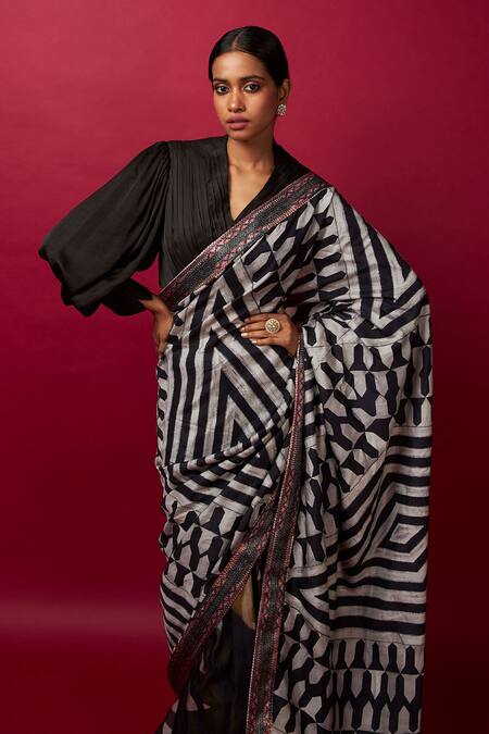 Shop Vedika M Multi Color Silk, Satin Sequins V-neck Chevron Print Saree With Blouse Online at Aza Fashions Shop_Vedika M_Multi Color Silk, Satin Sequins V-neck Chevron Print Saree With Blouse _Online_at_Aza_Fashions