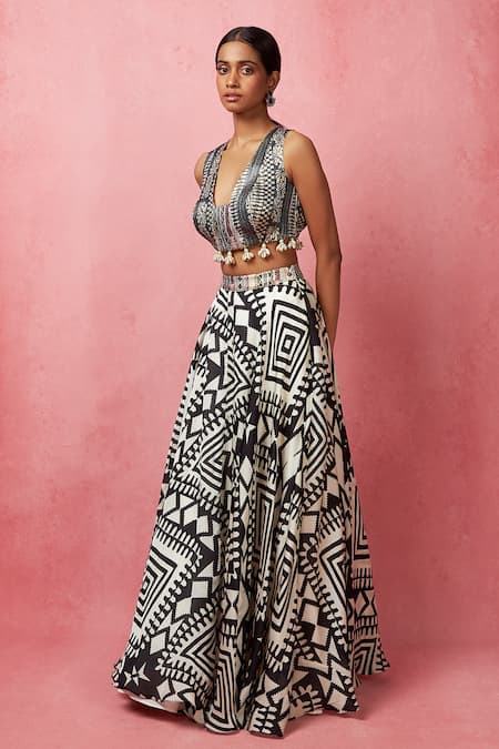 Buy Vedika M Multi Color Silk, Satin, Organza Geometric Print Lehenga With Embellished Blouse Online at Aza Fashions Buy_Vedika M_Multi Color Silk, Satin, Organza Geometric Print Lehenga With Embellished Blouse _Online_at_Aza_Fashions