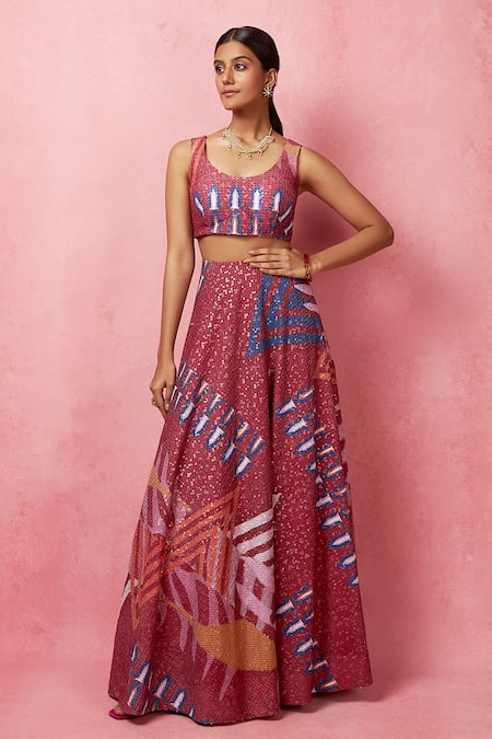 Vedika M Multi Color Silk, Satin, Organza Sequins Round Neck Embroidered Lehenga Set Online at Aza Fashions Vedika M_Multi Color Silk, Satin, Organza Sequins Round Neck Embroidered Lehenga Set _Online_at_Aza_Fashions