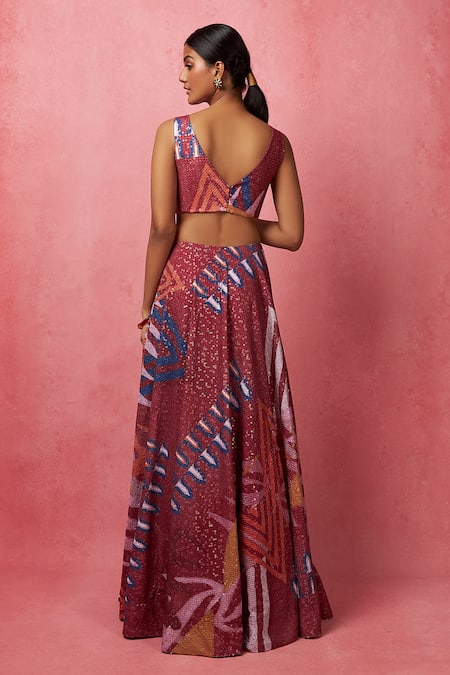 Buy Vedika M Multi Color Silk, Satin, Organza Sequins Round Neck Embroidered Lehenga Set Online at Aza Fashions Buy_Vedika M_Multi Color Silk, Satin, Organza Sequins Round Neck Embroidered Lehenga Set _Online_at_Aza_Fashions