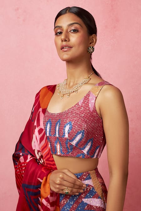 Shop Vedika M Multi Color Silk, Satin, Organza Sequins Round Neck Embroidered Lehenga Set Online at Aza Fashions Shop_Vedika M_Multi Color Silk, Satin, Organza Sequins Round Neck Embroidered Lehenga Set _Online_at_Aza_Fashions