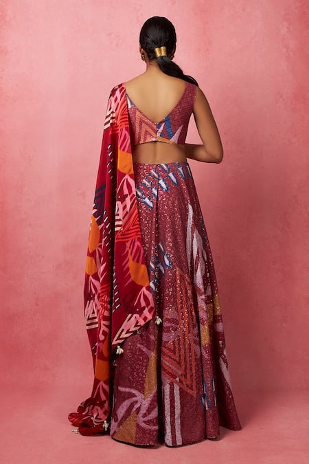 Shop Vedika M Multi Color Silk, Satin, Organza Sequins Round Neck Embroidered Lehenga Set at Aza Fashions Shop_Vedika M_Multi Color Silk, Satin, Organza Sequins Round Neck Embroidered Lehenga Set _at_Aza_Fashions