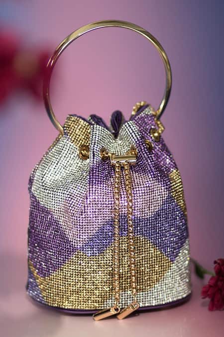 Shop_House Of Bio_Purple Crystals Maahi Geometric Embellished Potli Bag _Online_at_Aza_Fashions