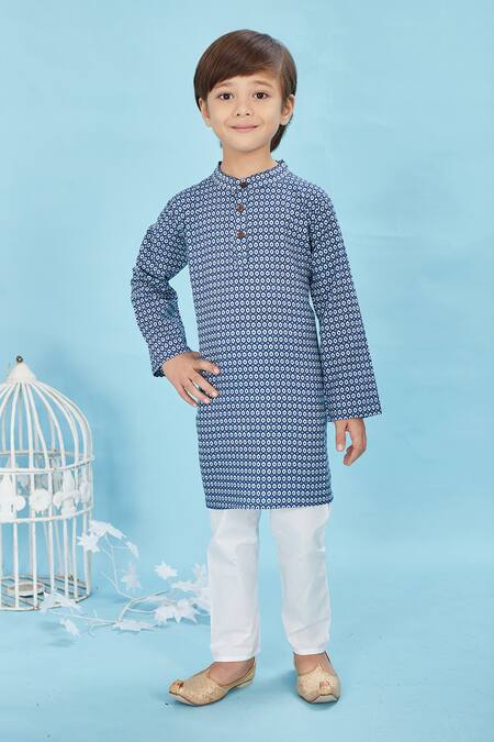 Maaikid_Blue Cotton Geometric Bloom Print Kurta With Pyjama _Online_at_Aza_Fashions