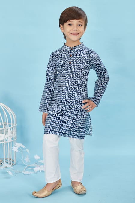 Buy_Maaikid_Blue Cotton Geometric Bloom Print Kurta With Pyjama _Online_at_Aza_Fashions