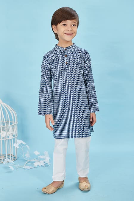 Shop_Maaikid_Blue Cotton Geometric Bloom Print Kurta With Pyjama _Online_at_Aza_Fashions