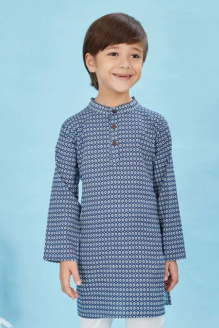 Maaikid_Blue Cotton Geometric Bloom Print Kurta With Pyjama _at_Aza_Fashions