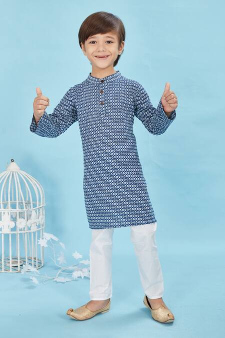 Buy_Maaikid_Blue Cotton Geometric Bloom Print Kurta With Pyjama 